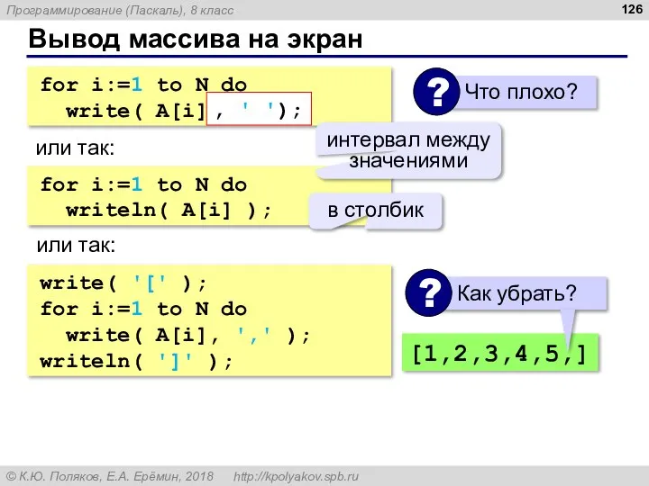 Вывод массива на экран for i:=1 to N do write( A[i] );