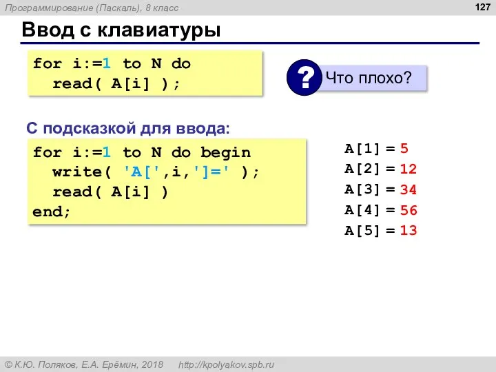 Ввод с клавиатуры for i:=1 to N do begin write( 'A[',i,']=' );