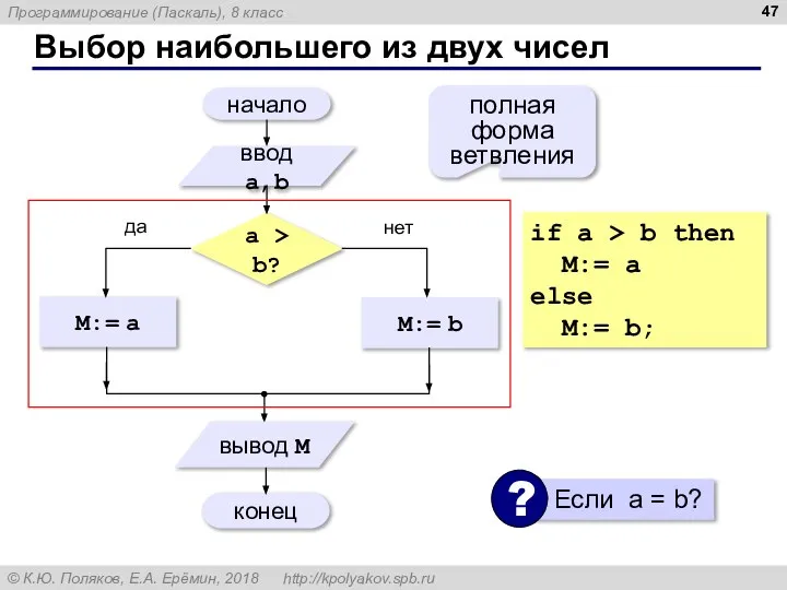 Выбор наибольшего из двух чисел полная форма ветвления if a > b