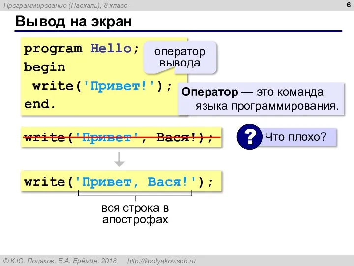 Вывод на экран program Hello; begin write('Привет!'); end. оператор вывода Оператор —