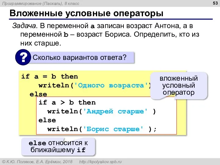 Вложенные условные операторы Задача. В переменной a записан возраст Антона, а в