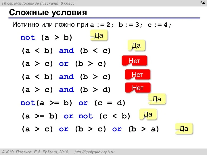 Сложные условия Истинно или ложно при a := 2; b := 3;