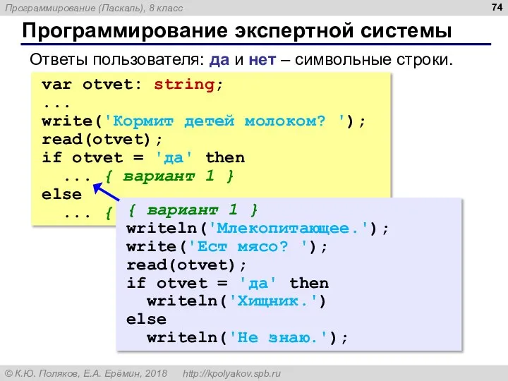 Программирование экспертной системы Ответы пользователя: да и нет – символьные строки. var