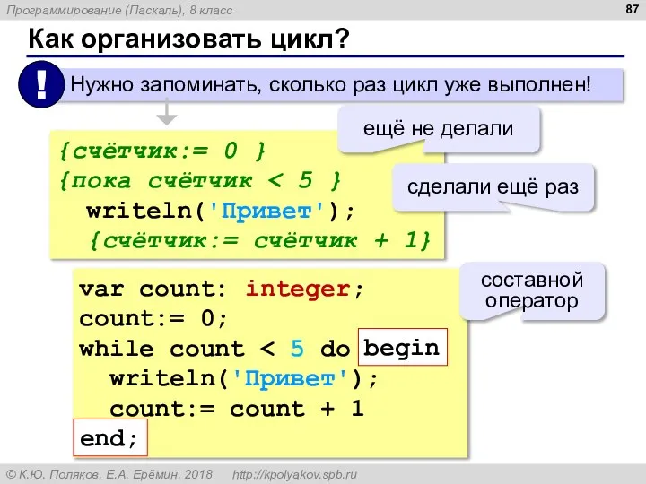 Как организовать цикл? {счётчик:= 0 } {пока счётчик writeln('Привет'); {счётчик:= счётчик +