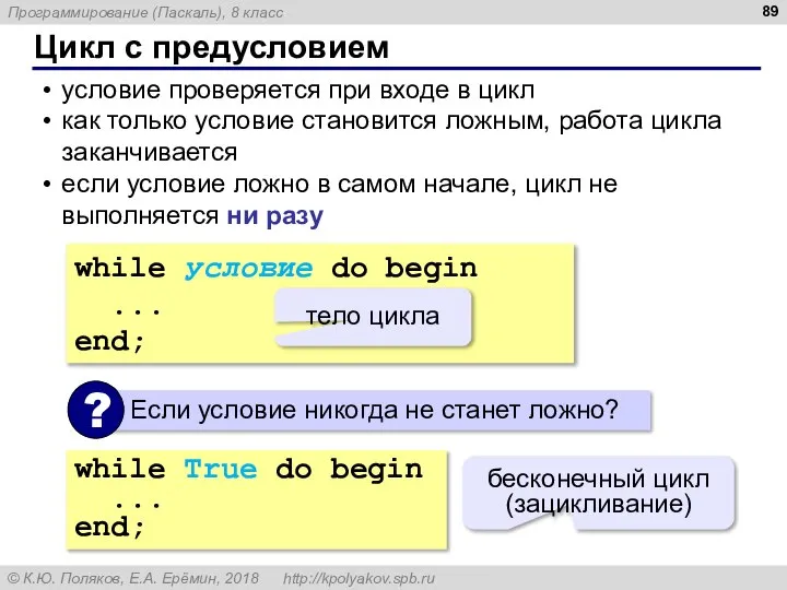 Цикл с предусловием условие проверяется при входе в цикл как только условие