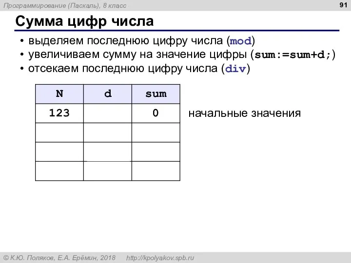 Сумма цифр числа выделяем последнюю цифру числа (mod) увеличиваем сумму на значение