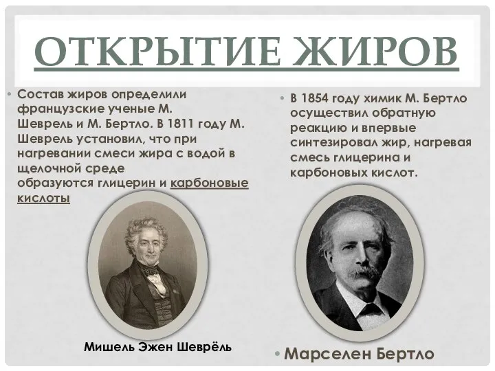 ОТКРЫТИЕ ЖИРОВ Состав жиров определили французские ученые М. Шеврель и М. Бертло.