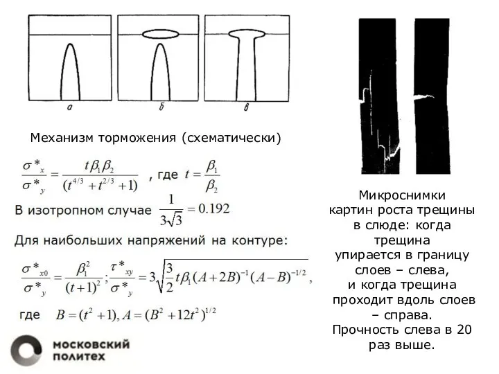 Механизм торможения (схематически) Микроснимки картин роста трещины в слюде: когда трещина упирается