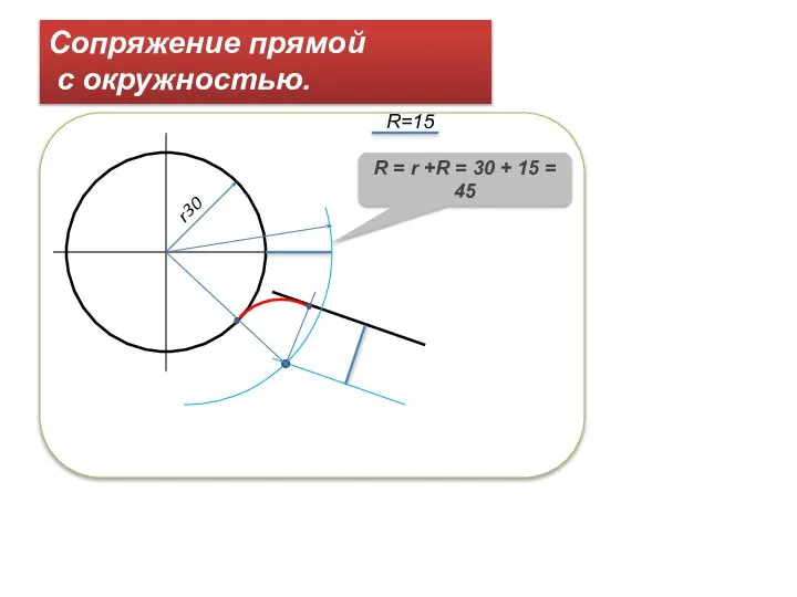 Сопряжение прямой с окружностью. R=15 r30 R = r +R = 30 + 15 = 45