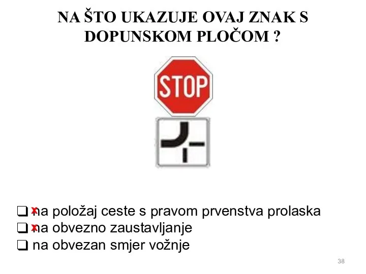 NA ŠTO UKAZUJE OVAJ ZNAK S DOPUNSKOM PLOČOM ? na položaj ceste