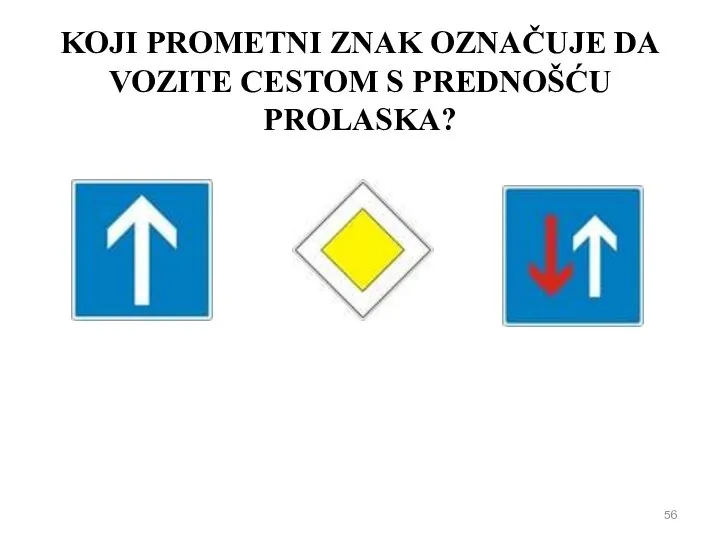 KOJI PROMETNI ZNAK OZNAČUJE DA VOZITE CESTOM S PREDNOŠĆU PROLASKA?