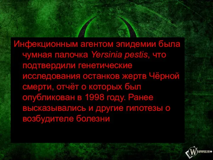 Инфекционным агентом эпидемии была чумная палочка Yersinia pestis, что подтвердили генетические исследования