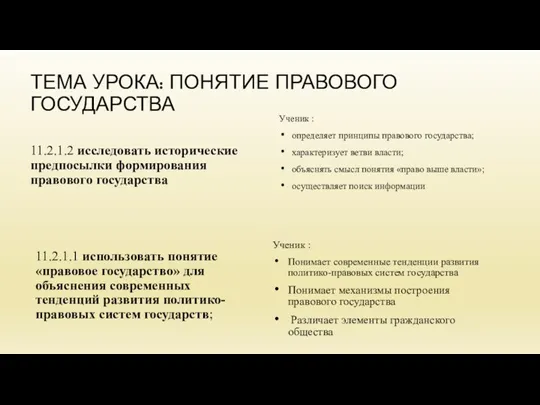 ТЕМА УРОКА: ПОНЯТИЕ ПРАВОВОГО ГОСУДАРСТВА 11.2.1.1 использовать понятие «правовое государство» для объяснения