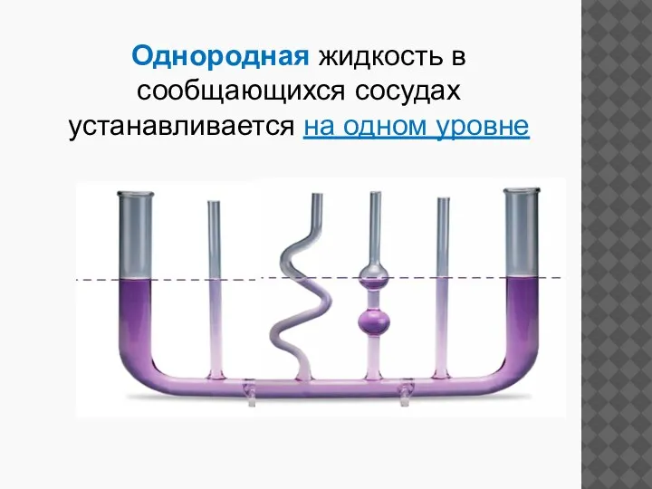 Однородная жидкость в сообщающихся сосудах устанавливается на одном уровне