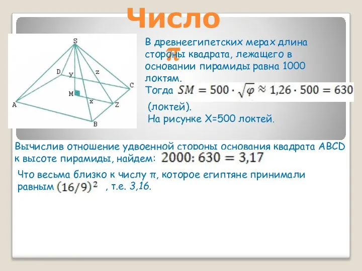 Число π В древнеегипетских мерах длина стороны квадрата, лежащего в основании пирамиды