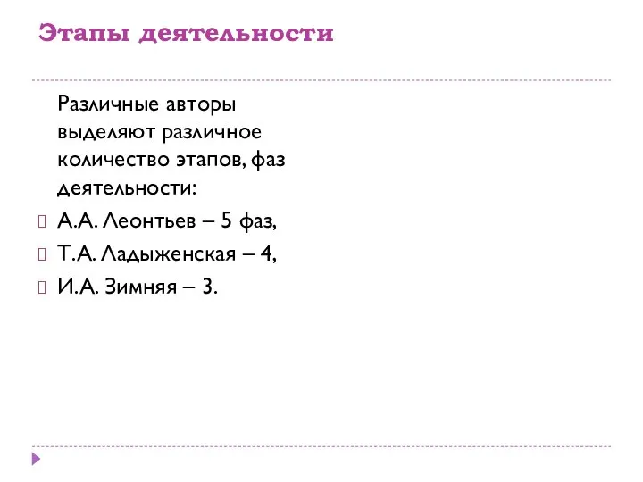 Этапы деятельности Различные авторы выделяют различное количество этапов, фаз деятельности: А.А. Леонтьев