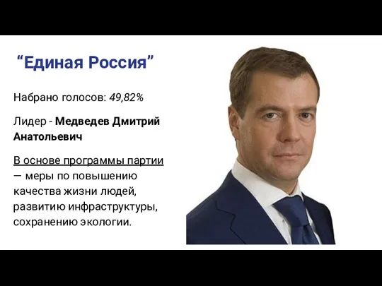 “Единая Россия” Набрано голосов: 49,82% Лидер - Медведев Дмитрий Анатольевич В основе