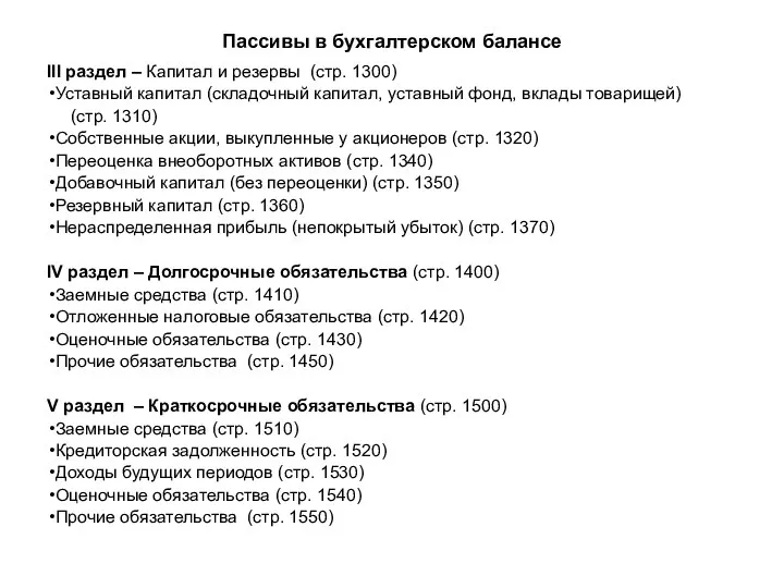 Пассивы в бухгалтерском балансе III раздел – Капитал и резервы (стр. 1300)