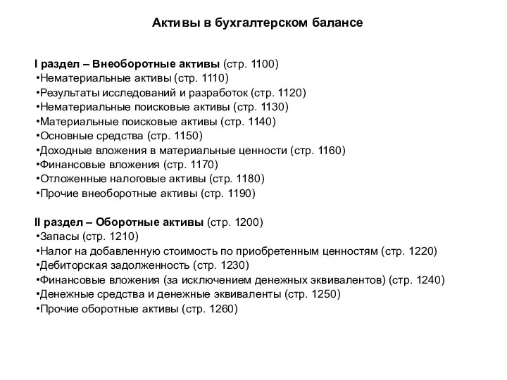 Активы в бухгалтерском балансе I раздел – Внеоборотные активы (стр. 1100) Нематериальные