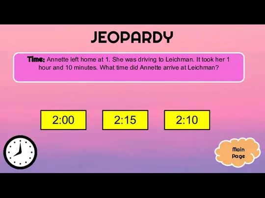 JEOPARDY Time: Annette left home at 1. She was driving to Leichman.