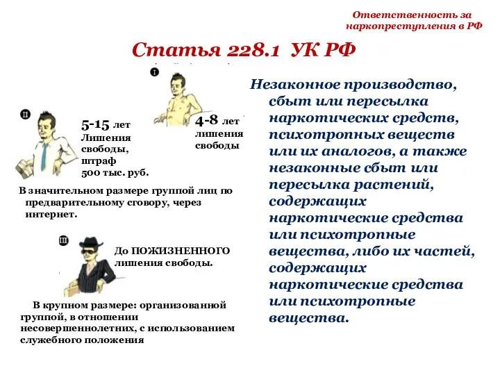 Ответственность за наркопреступления в РФ Статья 228.1 УК РФ Незаконное производство, сбыт