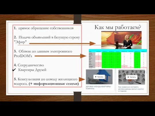 Как мы работаем? 1. прямое обращение собственников 2. Подача объявлений в бегущую