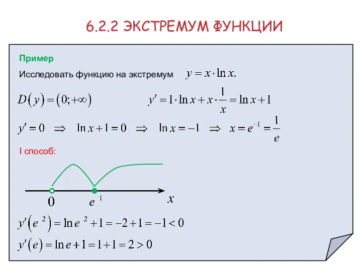 6.2.2 ЭКСТРЕМУМ ФУНКЦИИ Пример Исследовать функцию на экстремум I способ: