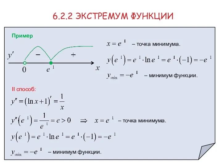 6.2.2 ЭКСТРЕМУМ ФУНКЦИИ Пример II способ: – точка минимума. – минимум функции.