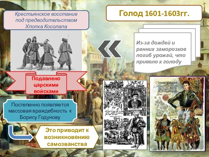 Голод 1601-1603гг. Из-за дождей и ранних заморозков погиб урожай, что привело к