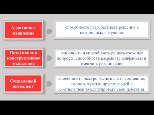 Адаптивное мышление Социальный интеллект способность разрабатывать решения в нетипичных ситуациях Позитивное и