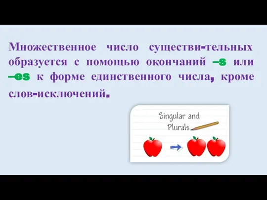 Множественное число существи-тельных образуется с помощью окончаний –s или –es к форме единственного числа, кроме слов-исключений.