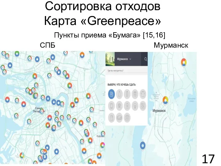 Сортировка отходов Карта «Greenpeace» Пункты приема «Бумага» [15,16] СПБ Мурманск