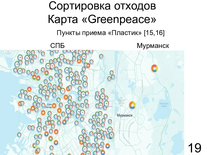 Сортировка отходов Карта «Greenpeace» Пункты приема «Пластик» [15,16] СПБ Мурманск