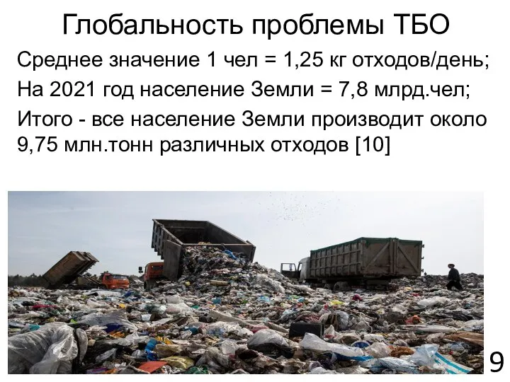 Глобальность проблемы ТБО Среднее значение 1 чел = 1,25 кг отходов/день; На