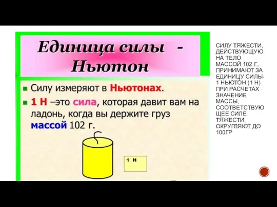 СИЛУ ТЯЖЕСТИ, ДЕЙСТВУЮЩУЮ НА ТЕЛО МАССОЙ 102 Г., ПРИНИМАЮТ ЗА ЕДИНИЦУ СИЛЫ-