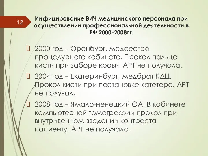 Инфицирование ВИЧ медицинского персонала при осуществлении профессиональной деятельности в РФ 2000-2008гг. 2000