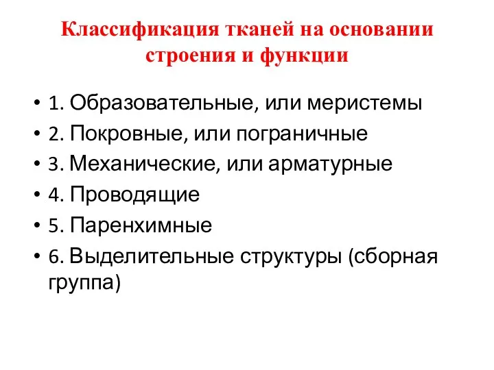 Классификация тканей на основании строения и функции 1. Образовательные, или меристемы 2.