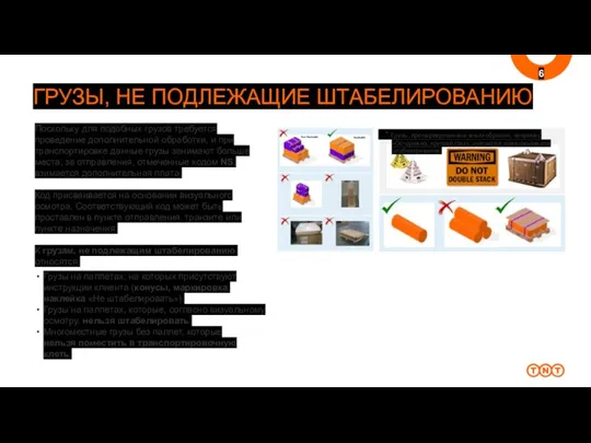 6 ГРУЗЫ, НЕ ПОДЛЕЖАЩИЕ ШТАБЕЛИРОВАНИЮ Поскольку для подобных грузов требуется проведение дополнительной