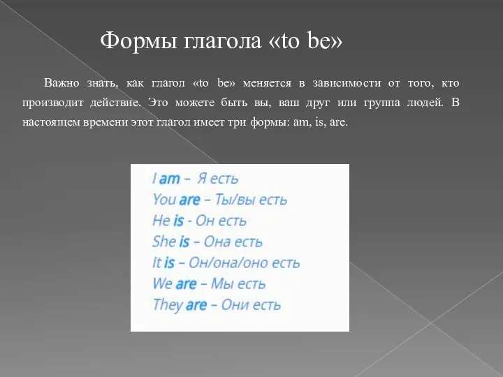 Важно знать, как глагол «to be» меняется в зависимости от того, кто