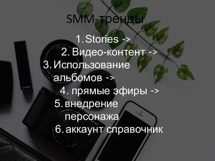 SMM-тренды Stories -> Видео-контент -> Использование альбомов -> прямые эфиры -> внедрение персонажа аккаунт справочник