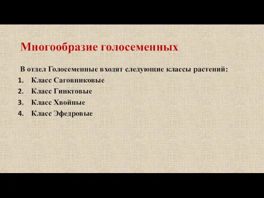 Многообразие голосеменных В отдел Голосеменные входят следующие классы растений: Класс Саговниковые Класс