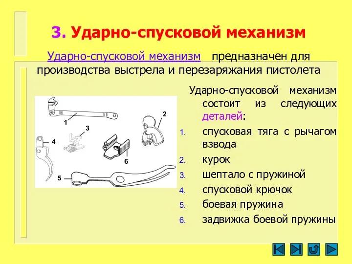 3. Ударно-спусковой механизм Ударно-спусковой механизм предназначен для производства выстрела и перезаряжания пистолета