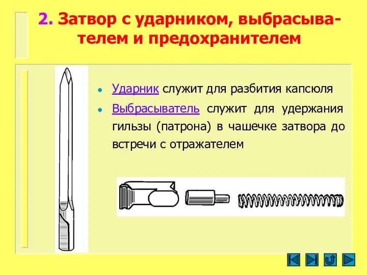 2. Затвор с ударником, выбрасыва-телем и предохранителем Ударник служит для разбития капсюля