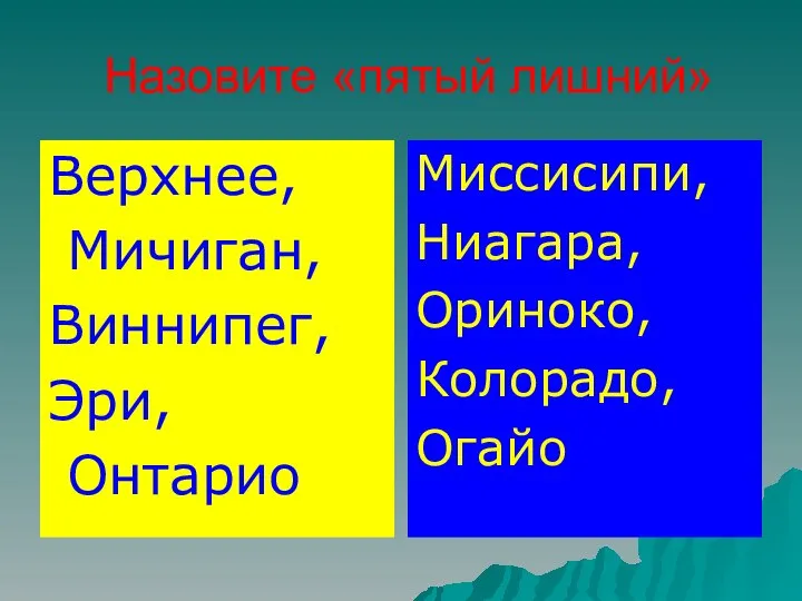 Назовите «пятый лишний» Верхнее, Мичиган, Виннипег, Эри, Онтарио Миссисипи, Ниагара, Ориноко, Колорадо, Огайо