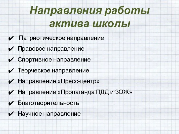 Направления работы актива школы Патриотическое направление Правовое направление Спортивное направление Творческое направление