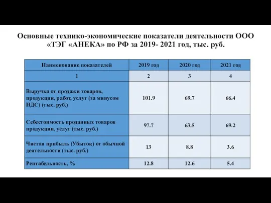 Основные технико-экономические показатели деятельности ООО «ТЭГ «АНЕКА» по РФ за 2019- 2021 год, тыс. руб.