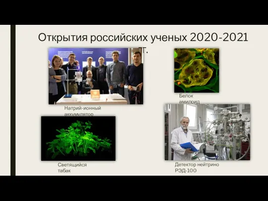 Открытия российских ученых 2020-2021 гг. Детектор нейтрино РЭД-100 Натрий-ионный аккумулятор Белок амилоид Светящийся табак