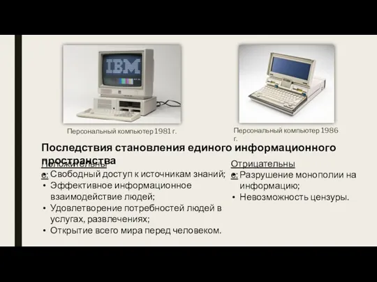 Персональный компьютер 1981 г. Персональный компьютер 1986 г. Последствия становления единого информационного