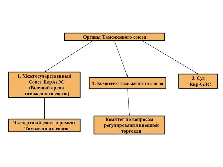 Органы Таможенного союза 1. Межгосударственный Совет ЕврАзЭС (Высший орган таможенного союза) Экспертный