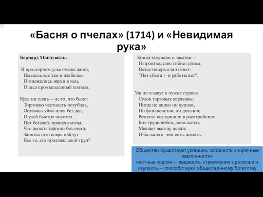 «Басня о пчелах» (1714) и «Невидимая рука» Бернард Мандевиль: В просторном улье